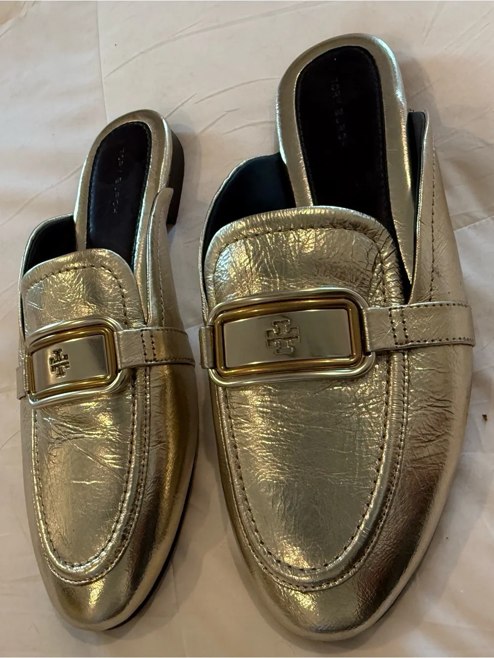 Tory Burch Metallic Gold Leather Backless Loafers